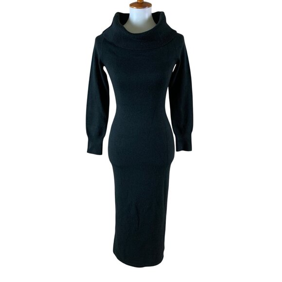French Connection Black Sweater Midi Dress Small Ribbed Knit Long Sleeve Bodycon - Picture 1 of 6